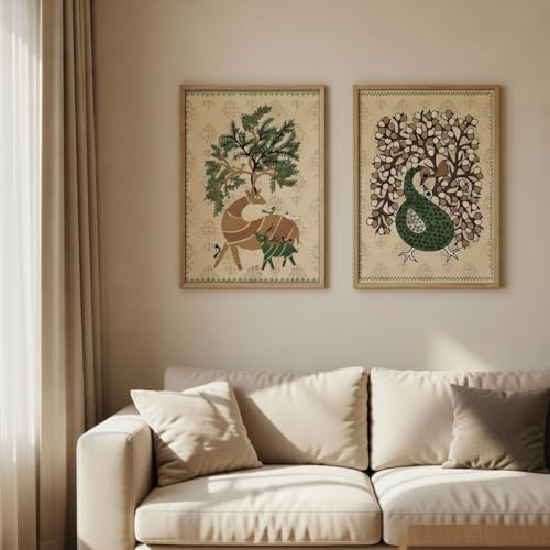 Image of Livin'luxe Set of 2 Nature & Peacock Wall Paintings | Premium MDF Framed Wall Art for Living Room Bedroom Hallway | HD UV Printed Wooden Color Frame Home Decor 13.5 Inch x 19.5 Inch