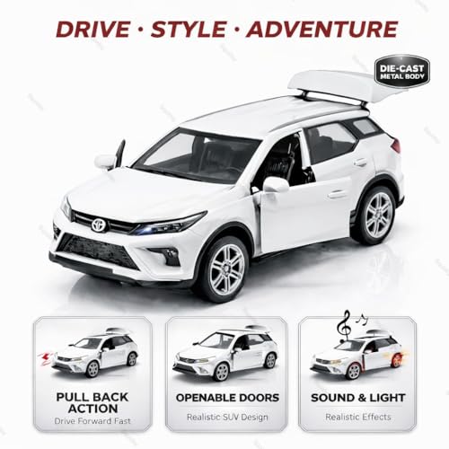 Image of 1:36 Scale Fortuner Toy Car - Toyota Die-Cast Mini Metal Pull Back SUV with Openable Doors, Lights & Music - Alloy Model Vehicle for Kids, Boys & Collectors【White】