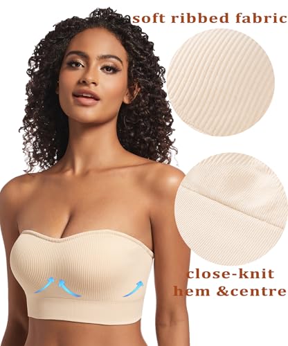 PRETTYWELL Strapless Bra for Women Ribbed Seamless Non-Slip Comfort Padded Wireless Bandeau Bras Wireless Tube Top Bra2