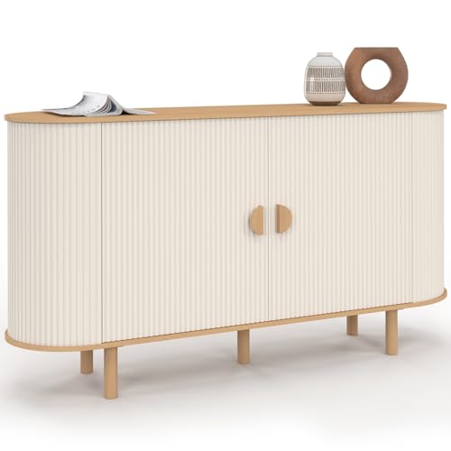 IDMarket KANEL - Aparador (140 cm, 2 puertas, efecto estriado, color beige y madera