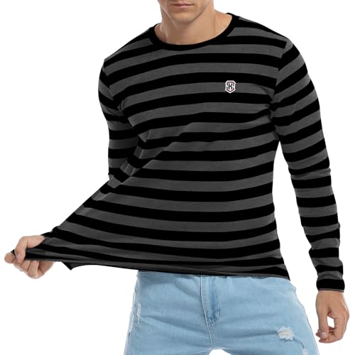 Image of KESIHAN Men's Casual Striped Shirts Crewneck Long Sleeve Basic T-Shirt Basic Daily Work Stripe Tee Tops