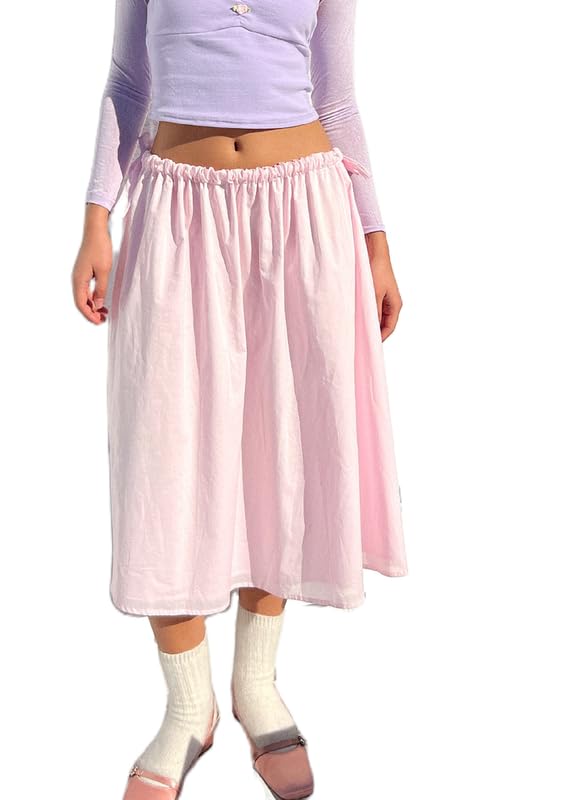 NUFIWI Women’s Summer Low Waist A Line Midi Skirts Elegant Flowy Swing Tiered Long Skirt Y2K Solid Color Beach Maxi Skirts