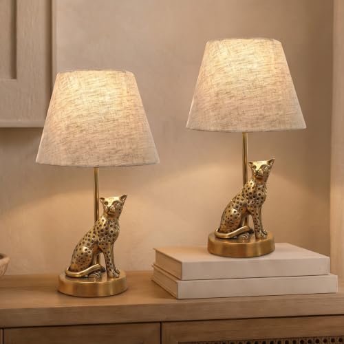Image of BEHOMA Luxury Jaguar Figurine Table Lamp Set, Antique Gold - Set of 2 | Luxury Aluminium Jaguar table lamp in Antique Gold - as an accent lighting piece for living room - great wedding gift