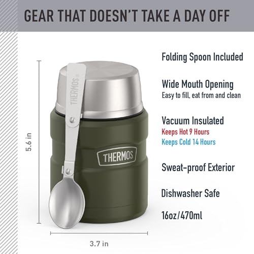Image of THERMOS Stainless King Vacuum-Insulated Food Jar with Spoon, 16 Ounce, Matte Army Green
