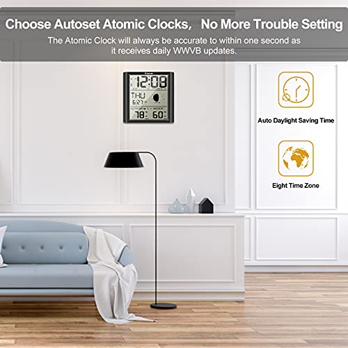 Geevon Digital Atomic Wall Clock,Auto-Set Atomic Clock With Indoor Outdoor Temperature,Calendar,Moon Phase For Home Office Elderly(1 Wireless Outdoor Sensor) #TOP2