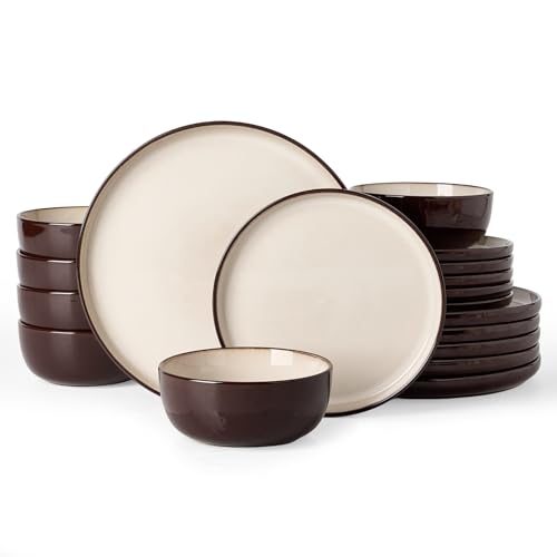 Image of Famiware Milkyway Stoneware Dinnerware Set, 18-Piece, Double Reactive Glaze, Plates and Bowls, Service for 6, Microwave and Dishwasher Safe, Scratch-Resistant, Light khaki & Cocoa