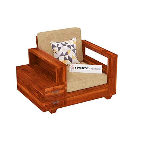 Image of Sheesham Wood Single Seater Sofa | 1 Seater Sofa with 2 Drawer Storage | Wooden Sofa Set Furniture for Living Room Home Office (Honey)