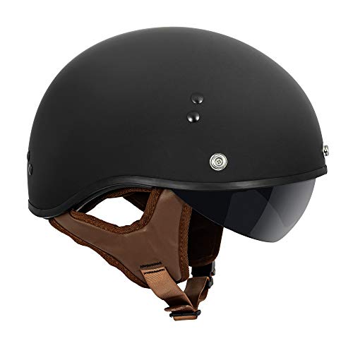 Vcan Cruiser Solid Flat Black Half Face Motorcycle Helmet With Drop-Down Sun Visor, Removable Peak And Quick Release Buckle (Large) #TOP2