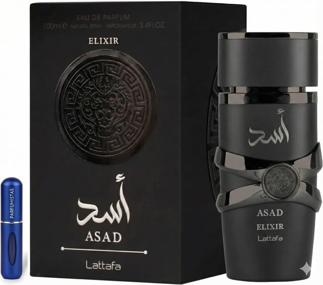 Perfume Asad Elixir Eau de Parfum 100ml Hombre - Fragancia Intensa y Especiada con Notas de Pimienta Negra, Tabaco y Vainilla - Larga Duración Incluye Atomizador 5ML de PARFUMISTAS (Asad Elixir)