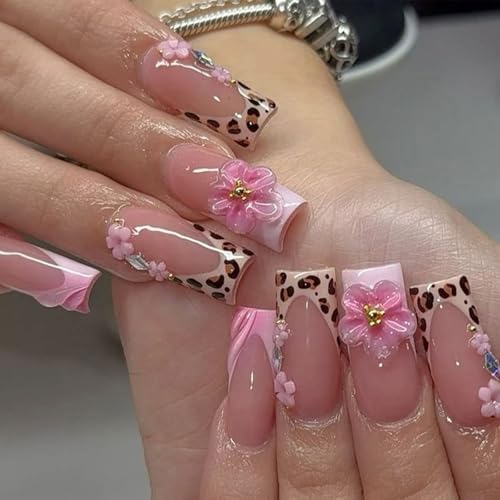 Press on Nails Long Square Pink French Tip Fake Nails Leopard Pri...