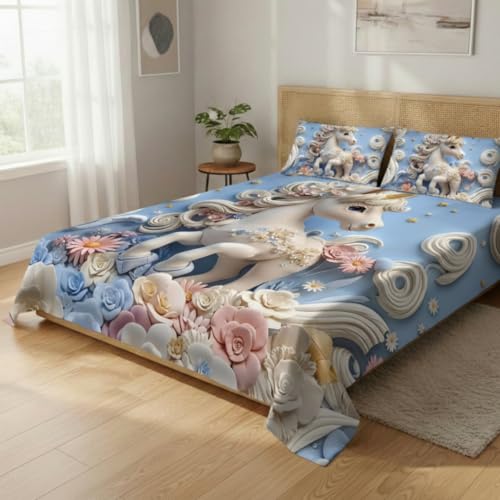Image of 7D Fairy Tale Collection Double Bedsheet 90x100 inch with 2 Pillow Covers | Good Stitching, Soft Fabric & Vibrant 7D Digital Print for Kids & Couples (Blue)