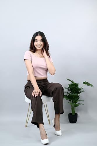 Image of Mlada Mid Waist Wide Leg Flared Pants Elastic Waist Band for Women Office Work Formal Wear Stretch Cotton Knit Flare Pants Utility Pockets Extra Flare Pants Trousers for Travel