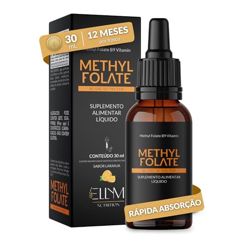 Vitamina B9 Metilfolato em Gotas Sublingual 30 mL ELLYM NUTRITION Sabor Laranja O Ácido Fólico Auxilia na Formação do Tubo Neural do Feto Durante a Gravidez (30 mL)