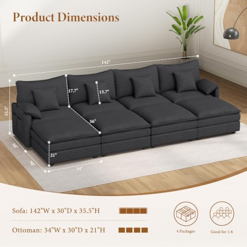 Image of Vesgantti 142 inch Cloud Sleeper Couch Living Room, Sectional Sofabed, Grey