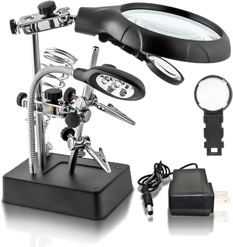 Image of LED Light Helping Hands Magnifier Soldering Station - 2X 4X USB Lighted Hands Free Magnifying Glass Stand with Clamp and Alligator Clips - for Soldering, Assembly, Repair (Black, M)