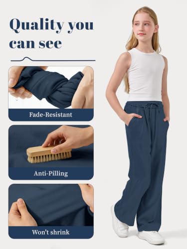 Image of Rolanko Girls Wide Leg Linen Pants Breathable Flowy Palazzo Trousers for School Beach Daily Wear 9-15 Years