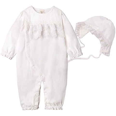 PAUBOLI Baby Girl Lace Baptism Rompers + Bonnet Hat Set Petti Princess Outfit Pink White (3-6 Months, White) Cover