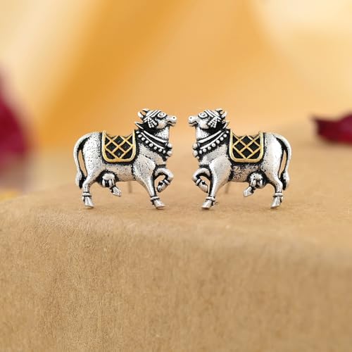 Image of Voylla Qasbah Nandi Oxidised Two Tone Stud Earrings For Women Anti Tarnish Silver Oxidised Earrings Dual Tone Ethnic Casual Daily Style Traditional Jewellery Womens Day Gift For Her Festive Jewellery