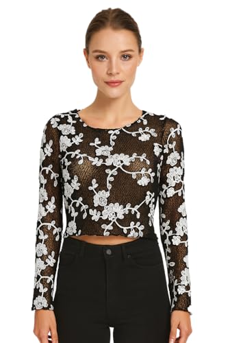 Image of ICW Women Long-Sleeves Boat Neck Transparent Mesh Sheer Floral Embroidery Crop Top T-Shirt DN648