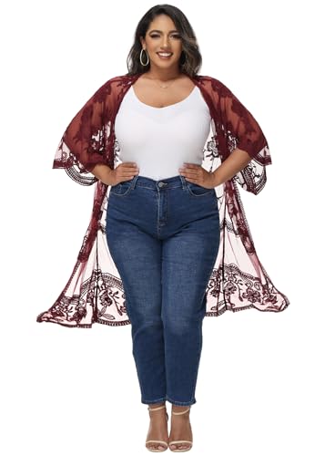 Image of Anna-Kaci Women's Plus Size Lace Cardigan Embroidered Long Kimono Dusters with Half Sleeves
