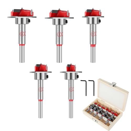 5pcs Forstner Drill Bits Kit 15-35 mm Flat Wing Hinge Boring Bits Set with Depth Stopper Cemented Carbide Woodworking Hole Saw Cutter Set with Round Shank for Furniture Door Drilling