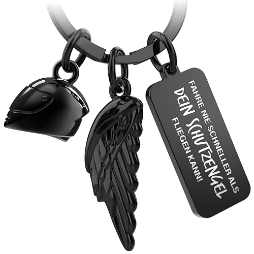 FABACH Motorrad Schlüsselanhänger mit Motorradhelm, Engelsflügel und Gravur - Fahr vorsichtig Engel für Motorradfahrer - Glücksbringer Motorradführerschein