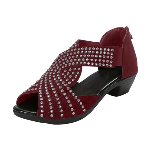 Western Sandals,Point Toe Sandals for Women,Open Toe Plus Size Zipper Shoes Comfortable Trendy Summer Vintage Peep Toe Rhinestone Mid Heels Sandals2
