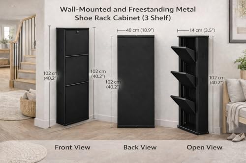 Image of Shoe Rack, Wall Mounted and Freestanding Metal, Multiple Shelf Options, White and Black (Black, 3)