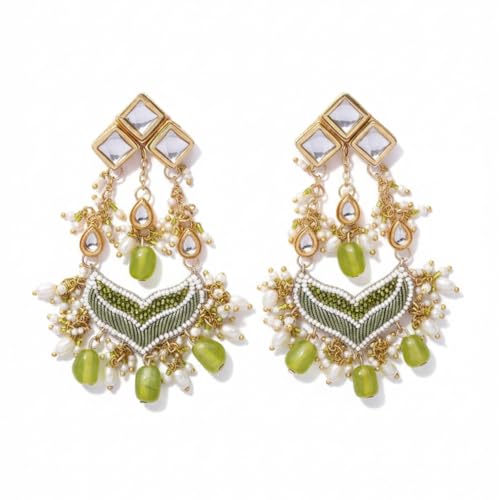 Image of SANJOYA by EVERSTYLISH Kundan Earrings for Women | Polki & Green Beaded Statement Dangler Earrings | Ethnic Jewelry for Weddings, Festivals & Special Occasions