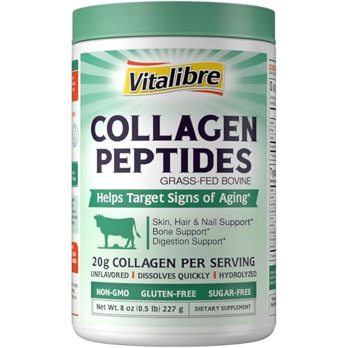 Vitalibre Bovine Collagen Peptides Powder for Women and Men, Grass-Fed Hydrolyzed Collagen Protein Type I & III, Skin, Hair, Nails, Bones, Digestion, Unflavored, Non-GMO, Keto & GF, 11 Servings, 8oz