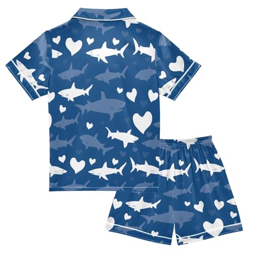 ALAZA White Shark Fish Heart Satin Pajamas Set Short Sleeve Button Down Sleepwear Summer Pjs 2 Piece2