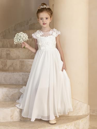Chiffon Lace Flower Girl Dresses for Wedding White A-Line Cap Sleeve Long Junior Bridesmaid Brithday Party Gown4