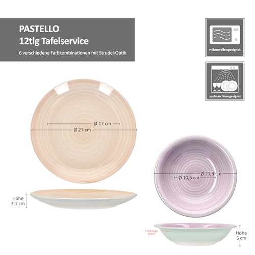 MamboCat Pastello12tlg Tafelservice I buntes Steingut-Geschirr mit Pastell-Farben für 6 Personen I 6X Speiseteller & 6X Suppenteller für Frühstück, Mittag & Abendbrot
