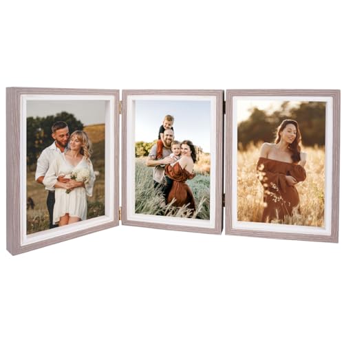 Triple Bisagra Marcos de Fotos 13 x 18 cm, Portafotos Múltiple Plegable 7 x 5 in, Marco 3 Fotos, para Retrato Blanco Marco Decoración Hogareña Familia Amigo Regalo Escritorio Decorar (Gris)
