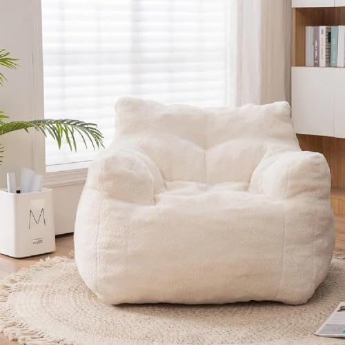 Ergonomic Design Kids & Adult Bean Bag Chair with Filler Included with Supportive Back & Armrest 27.5''H X 35''W X 36.2' D | Pretty White Cream Color Zipper Closure Lightweight Plush Flexible