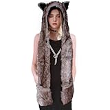 Animal Hat Faux Fur Hood Scarf Full Pockets Ear Flat Cap Hoodie Furry Gloves Party Costume (Gray Wolf)