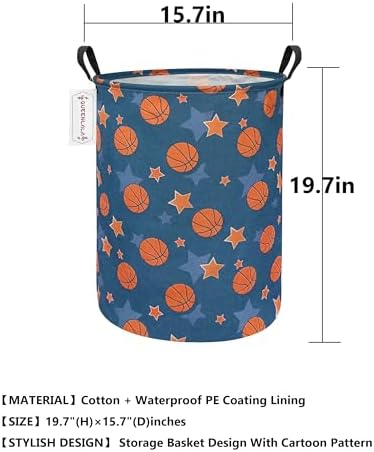 QUEENLALA Large Storage Basket,Laundry Hamper/Bathroom/Home Decor/Collapsible Round Storage Bin,Boys and Girls Hamper/Boxes/Clothing(Round-Basketball)