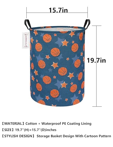 QUEENLALA Large Storage Basket,Laundry Hamper/Bathroom/Home Decor/Collapsible Round Storage Bin,Boys and Girls Hamper/Boxes/Clothing(Round-Basketball)