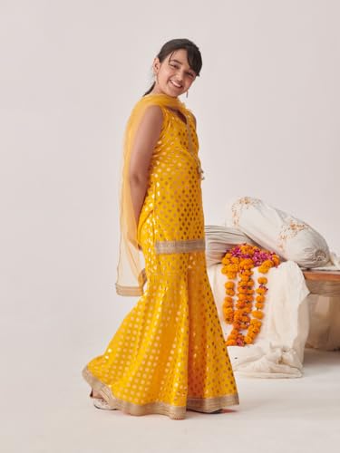 Pspeaches Girl's Cotton Rayon Sharara Set (Sha-Yellowrayonfoil-15-16Y_Yellow