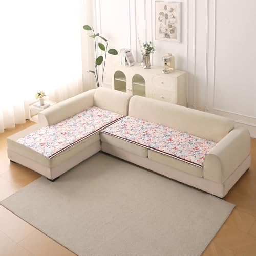 Image of HOKIPO 'Florentina Series' Foam Filled Holland Velvet L Shape (3+3 Seater) Sofa Cover Seat Mat with Anti-Slip Backing, Scarlet Rose Ivory (IN-882-V4*2)