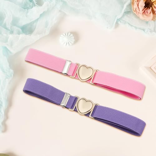 2PCS Girls Belt for Waist, Adjustable Girls Teens Elastic Waist Belts with Heart Metal Buckle for Jeans Dress3