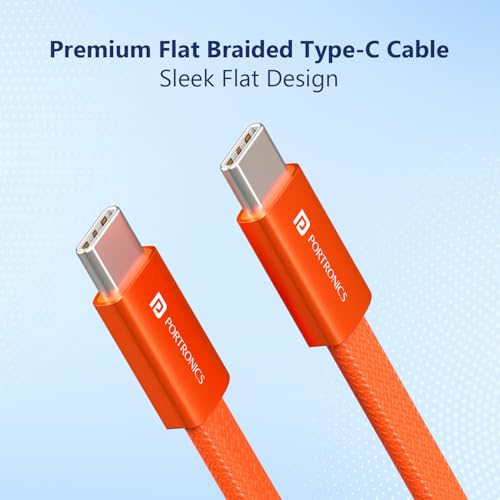 Image of Portronics Flatro 60W Flat Design fast Charging Type C Cable, Strong Nylon Braided, Data Sync, Tangle Free Flat Design, Durable Aluminium Connector, Compatible With Type C Devices(Orange)
