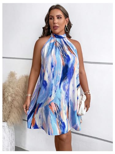 Image of Verdusa Women's Plus Size Tie Back Halter Neck Sleeveless Short Tunic Dress