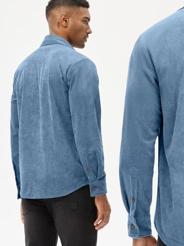 Image of Comdecevis Men's Plain Corduroy Shacket Long Sleeve Button Down Shirt Jackets with Flap Pockets Blue XX-Large