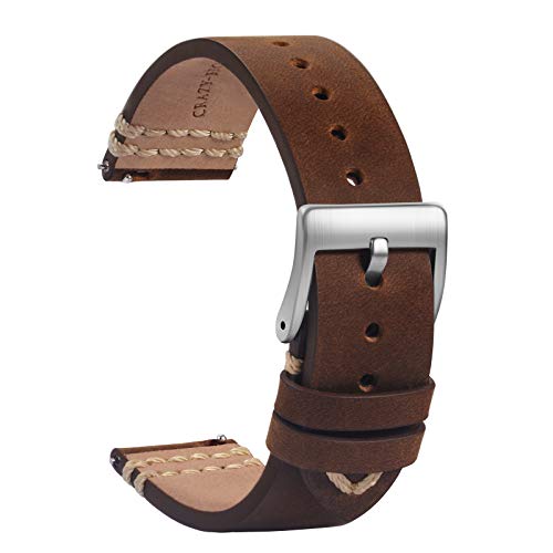 TStrap Leder Uhrenarmband 22mm - Weich Braun Quick Release Uhrenarmbänder Ersatz - Sport Uhrenarmband für Herren Damen - Smartwatches Armband mit Silber Schließe - 18mm 19mm 20mm 21mm