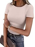 ANRABESS Women Short Sleeve Crewneck Ribbed Knit Slim Fitted Shirts Summer Tops Basic Tee Casual 2026 Spring Outfits Clothes Apricot Large