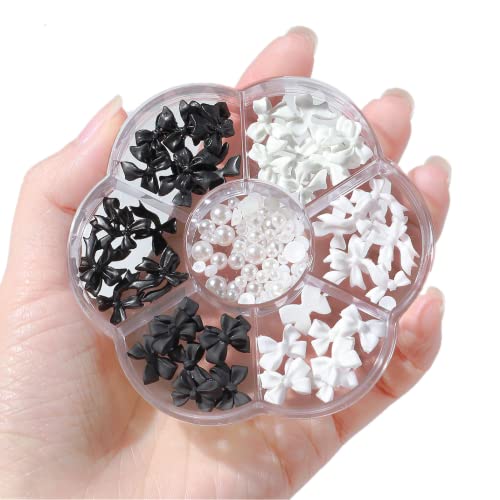 ネイルパーツ リボン 花 立体 ネイルデコパーツ パール ビーズ 大きめ 蝶結び 熊 ハート 星 ネイルアート 3D アクセサリーパーツ レジンパーツ (黒白リボン)