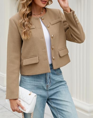 Ladyful Womens Cropped Tweed Blazer Jacket Collarless Long Sleeve Office Work Coat Fall Business Outerwear3