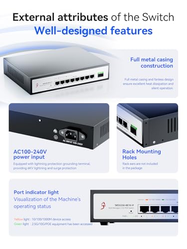 Image of 9-Port 2.5G Easy Managed PoE+ Ethernet Switch, IEEE8023af /at PoE 140W, VLAN /QoS /STP /IGMP /LACP Supported, Fanless 2.5Gb Network Switch for AP, VoIP Phone, IP Camera, NVR
