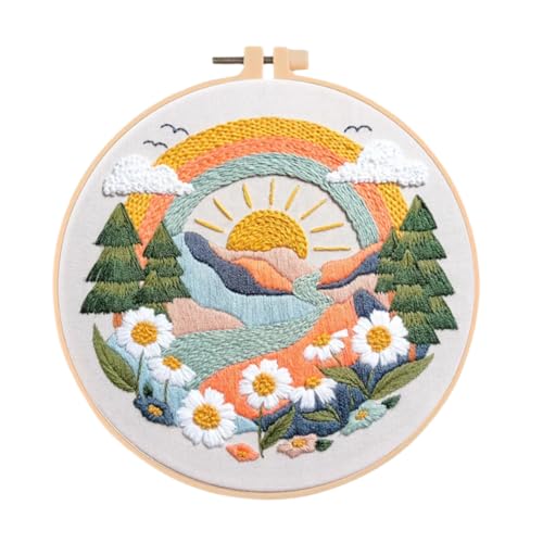 Image of Huacan Embroidery Kit for Beginners Adults Includes Stamped Flower Pattern, Hoop, Color Threads,Tools,Easy to Follow Instruction (Scenery)